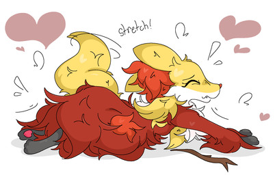 3_toes all_fours anthro biped black_body breasts cute_fangs digitigrade ears_back emanata eyelashes eyes_closed fangs featureless_breasts feet female female_anthro fluffy fur heart_symbol inner_ear_fluff lying mouth_closed multicolored_body multicolored_fur nude nude_anthro nude_female on_front orange_body orange_fur orange_inner_ear_fluff pawpads pink_pawpads pivoted_ears pointy_ears prick_ears red_body red_fur side_view simple_background small_breasts snout solo stick stretching tail teeth toes tuft white_background white_body white_fur yellow_body yellow_fur yellow_tail guzzlord420 nintendo pokemon canid delphox generation_6_pokemon mammal pokemon_(species) 2025 aliasing binary_drawing cel_shading colored digital_drawing_(artwork) digital_media_(artwork) english_description full-length_portrait hi_res portrait shaded