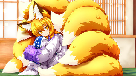 9_tails blonde_hair blue_clothing blue_tabard clothing dipstick_tail dress female hair inner_ear_fluff looking_at_viewer markings multi_tail sitting smile solo tabard tail tail_markings tuft white_clothing white_dress white_inner_ear_fluff white_tail_tip yellow_eyes yellow_tail kazami_karasu touhou ran_yakumo animal_humanoid canid canid_humanoid canine canine_humanoid fox_humanoid humanoid mammal mammal_humanoid 16:9 hi_res japanese_description widescreen