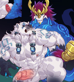 abs angry anthro arm_grab arm_pull balls barazoku biceps big_butt big_muscles big_pecs blue_body blue_eyes bodily_fluids bone butt claws clenched_teeth duo erection from_behind_position front_view fur genital_fluids genitals grabbing_from_behind grabbing_hand hair holding_arm huge_pecs humanoid_genitalia humanoid_penis imminent_anal imminent_sex male male/male muscular muscular_anthro muscular_male muscular_thighs nipples non-mammal_nipples nude open_mouth pecs penis prison_guard_position pupils serratus sex simple_background skull skull_head slit_pupils tail teeth triceps vein veiny_muscles veiny_penis white_body white_fur wrist_grab istani asian_mythology east_asian_mythology league_of_legends mythology riot_games tencent aurelion_sol_(lol) volibear bear dragon eastern_dragon mammal mythological_creature mythological_scalie polar_bear scalie ursine 2023 digital_media_(artwork) hi_res