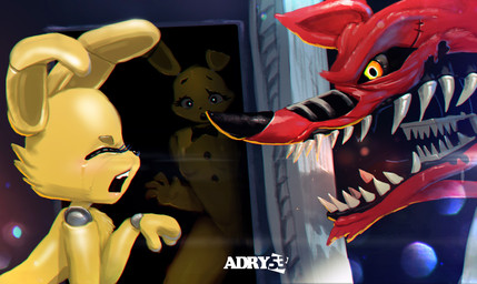ambiguous_gender anthro black_nose black_sclera bodily_fluids creepy crossgender crying door eye_scar eyelashes facial_scar female fingers fur group machine open_mouth scar scared sharp_teeth tears teeth yellow_body yellow_fur adry53 five_nights_at_freddy's five_nights_at_freddy's_4 scottgames nightmare_foxy_(fnaf) plushtrap_(fnaf) spring_bonnie_(fnaf) animatronic canid canine fox lagomorph leporid mammal rabbit robot 2015 absurd_res hi_res signature