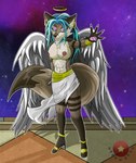 abs absurd_res alyk_(zardoseus) angel anthro beads big_breasts black_body black_fur blue_hair breasts canid canine canis chain claws clothed clothing digital_drawing_(artwork) digital_media_(artwork) dragon_ball dragon_ball_super dragon_ball_z ear_piercing english_text eyelashes feathered_wings feathers feet female fingers fluffy fluffy_chest fluffy_tail footwear fox full-length_portrait fur genitals gold_(metal) gold_jewelry hair halo hi_res high_heels huge_breasts jewelry mammal multiple_piercings nipple_chain nipple_piercing nipples nude pawpads paws piercing portrait purple_eyes pussy shoes simple_background smile solo tail text thick_thighs toes urocyon white_body white_fur wings zardoseus