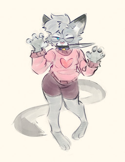 anthro bell bell_collar blue_collar blue_eyes bottomwear claws clothed clothing collar dipstick_ears dipstick_fingers dipstick_tail ear_markings eyewear femboy fur glasses gold_bell grey_body hair heart_symbol hotpants knife knife_in_mouth looking_at_viewer male markings multicolored_ears object_in_mouth one_eye_closed pink_clothing pink_nose pink_sweater pink_topwear round_glasses shorts simple_background smile solo sweater tail tail_markings topwear turtleneck trashyy_noway nixuelle domestic_cat egyptian_mau felid feline felis mammal 2026 digital_media_(artwork) hi_res