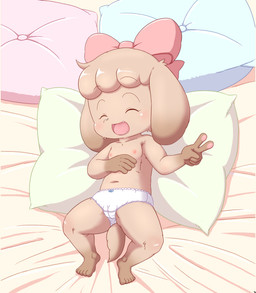 accessory anthro areola bed biped black_nose bow_ribbon camel_toe clothed clothing eyebrows eyes_closed female flat_chested floppy_ears furniture gesture hair hair_accessory hair_bow hair_ribbon hand_gesture kemono lop_ears lying lying_on_bed nipples on_back on_bed open_mouth open_smile panties panties_only pillow ribbons short_hair smile solo tan_body teeth topless topless_female underwear underwear_only v_sign white_clothing white_panties white_underwear young young_anthro young_female midmud canid canine canis domestic_dog mammal 2025 absurd_res hi_res