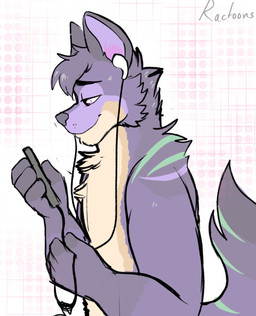 4_fingers anthro arm_markings bent_arm black_eyebrows cellphone cheek_tuft chest_tuft closed_smile dotted_background earbuds electronics eyebrows facial_tuft fingers fur green_markings grey_nose hair half-closed_eyes happy headphones holding_cellphone holding_jewelry holding_necklace holding_object holding_phone jewelry light male male_anthro markings mouth_closed multicolored_body multicolored_fur multicolored_tail narrowed_eyes necklace nude_anthro nude_male pattern_background phone purple_body purple_eyes purple_fur purple_hair purple_tail short_hair shoulder_markings side_view simple_background smartphone smile solo standing tail tail_markings tan_body tan_fur tuft ractoons dantem_(character) canid canine mammal 2021 colored digital_drawing_(artwork) digital_media_(artwork) english_description half-length_portrait hi_res lighting portrait
