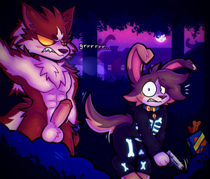 anthro balls behind_another biceps big_butt blush blush_lines brown_body brown_fur bulge butt clothing collar costume duo erection forest fur genitals growling gun holidays looking_at_another male male/male moon motion_lines muscular muscular_male nude orange_body orange_fur penis plant ranged_weapon red_body red_fur scooby_snacks sharp_teeth shrub skeleton_costume tail teeth text tree weapon white_body white_fur yellow_eyes bnnuyhole epic_games fortnite fortnite:_battle_royale halloween hanna-barbera mythology scooby-doo_(series) lycan_west_(fortnite) riley_(bnnuyhole) australian_shepherd canid canine canis domestic_dog herding_dog hybrid lagomorph leporid mammal mythological_canine mythological_creature pastoral_dog rabbit sheepdog werecanid werecanine werecreature werewolf wolf hi_res