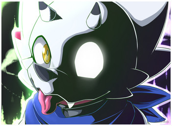 ambiguous_gender anthro aura biped black_background black_markings black_nose blue_kerchief blue_neckerchief border cheek_spikes clothed clothing dark dipstick_horn facial_spikes fangs front_view glowing glowing_eyes grey_text grin happy horn kerchief looking_at_viewer looking_up markings multicolored_horn neckerchief neckwear open_mouth pink_tongue scary shadow simple_background smile smug solo spikes spikes_(anatomy) symbol teeth text three-quarter_view tongue tongue_out white_body white_border white_skin wide_eyed yellow_eyes s2-freak bandai_namco digimon digimon_ghost_game ceratopsian digimon_(species) dinosaur gammamon ornithischian prehistoric_species reptile scalie 2021 bust_portrait colored detailed digital_drawing_(artwork) digital_media_(artwork) english_text portrait shaded watermark