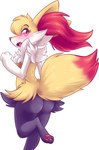 black_body black_fur blush breasts butt chest_tuft eyelashes female feral fur inner_ear_fluff looking_back orange_body orange_fur pawpads side_boob simple_background solo tuft white_background white_body white_fur yellow_body yellow_fur fizzy-dog nintendo pokemon braixen canid canine fox generation_6_pokemon mammal pokemon_(species)