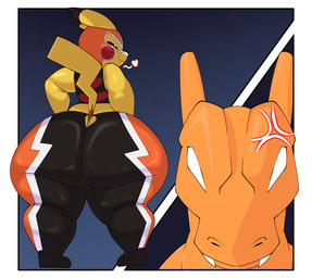 angry anthro bedroom_eyes big_butt bottom_heavy butt clothed clothing cosplay_pikachu_(costume) duo femboy fur heart_symbol huge_butt huge_thighs looking_at_another looking_back male male/male mask narrowed_eyes no_pupils orange_body presenting presenting_hindquarters rear_view seductive sharp_teeth simple_background smug smug_expression smug_eyes smug_face smug_grin tail taunting teeth thick_thighs wide_hipped_male wide_hips yellow_body yellow_fur woopyy mythology nintendo pokemon cosplay_pikachu_(character) pepper_(woopyy) pikachu_libre charizard dragon generation_1_pokemon mammal mythological_creature mythological_scalie pikachu pokemon_(species) rodent scalie absurd_res comic digital_media_(artwork) hi_res