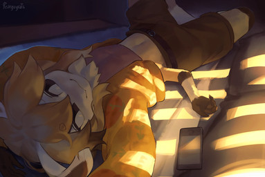 4_arms antennae_(anatomy) anthro bed belt black_body black_fur blonde_hair bottomwear clothed clothing crop_top electronics fully_clothed fur furniture hair jacket lying male medium_hair multi_arm multi_limb neck_tuft on_back phone pillow shirt shorts smile solo topwear tuft white_body white_fur yellow_body yellow_fur pearguycats perepoire mon_(m0n) arthropod insect lepidopteran moth colored digital_drawing_(artwork) digital_media_(artwork) hi_res