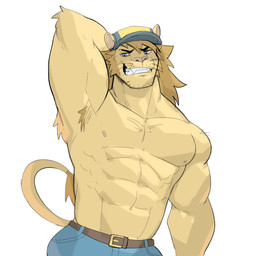 abs anthro areola armpit_tuft belt blonde_hair blue_eyes bottomwear brown_mane clothed clothing denim denim_bottomwear denim_clothing front_view fur hair hand_behind_head hat headgear headwear jeans looking_at_viewer male mane muscular muscular_anthro muscular_arms muscular_male nipples open_mouth open_smile pants pecs presenting_armpit raised_arm simple_background smile smirk solo tail tan_body tan_fur toothy_smile topless topless_anthro topless_male white_background yellow_body jrjresq felid lion mammal pantherine colored hi_res