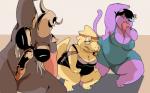 accessory anthro breasts clothing eating exercise eye_nipples female glamburger group headband overweight simple_background slightly_chubby thick_thighs wide_hips shamelesss undertale undertale_(series) alphys catty_(undertale) knight_knight felid lizard mammal reptile scalie 16:10 2015 widescreen