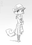 1920s anthro boots bottomwear bow_ribbon clothing female footwear fur hair hat headgear headwear purse shoes skirt solo young conditional_dnp jollyjack lackadaisy ivy_pepper domestic_cat felid feline felis mammal 2024 greyscale monochrome