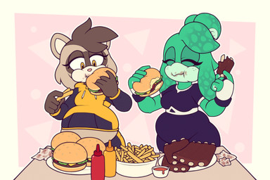 abstract_background anthro belly big_belly breasts burger clothed clothing duo eating eating_food eyes_closed fangs female food food_stains freckles fries ketchup ketchup_bottle mustard mustard_bottle ribs_(food) small_breasts teeth weight_gain cocomania sega sonic_the_hedgehog_(series) fan_character aquatic cephalopod coleoid decapodiform domestic_ferret mammal mollusk mustelid musteline squid true_musteline weasel hi_res