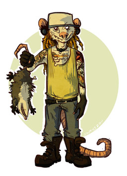 anthro belt boots clothing death dreadlocks duo feral footwear jewelry male necklace shirt shoes simple_background smile standing tank_top tattoo topwear skurvy cheap_thrills marty_adler american_opossum mammal marsupial virginia_opossum