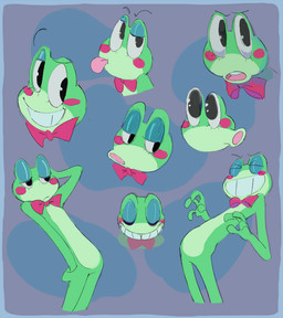 ambiguous_gender anthro black_eyes bow_tie eyebrows eyelashes eyes_closed featureless_chest featureless_crotch green_body green_skin grin laugh narrowed_eyes pink_tongue raised_eyebrow red_bow_tie rosy_cheeks slim smile solo teeth teeth_showing tongue gen-toon glitch_productions the_amazing_digital_circus ribbit_(tadc) amphibian frog