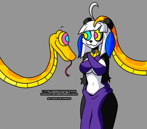 :3 ahoge anthro black_body black_fur bottomwear breasts clothed clothing countershading duo eye_contact feather_ear_ring female feral forked_tongue fur hair hypnosis loincloth looking_at_another midriff mind_control purple_clothing ringed_eyes scales simple_background sling_bra smile tail_on_head tongue under_boob white_body white_countershading white_face white_fur white_hair yellow_body yellow_scales surrealatorium ezra_(surrealatorium) penelope_(mrfurelli) bear giant_panda mammal python reptile scalie snake 2020 animated