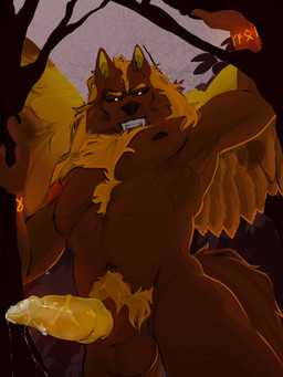 abs animal_genitalia animal_penis anthro balls big_muscles big_penis black_sclera bodily_fluids body_hair canine_genitalia canine_penis cum cum_on_penis erection fangs feathered_wings feathers genital_fluids genitals hair happy_trail knot knotted_penis long_hair looking_at_viewer low-angle_view male muscular nipples nude outside pecs penis plant sheath solo spread_wings tail teeth tree vein veiny_penis wings yellow_eyes yellow_penis maison_6 canid canine mammal 3:4 colored digital_drawing_(artwork) digital_media_(artwork) hi_res shaded