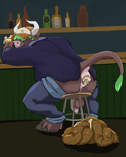 after_vore alcohol alcohol_bottles anthro anus balls bar beer beer_mug beverage bone bones_in_feces bottomwear bovine_anus brown_body brown_feces brown_fur butt clothed clothing death denim denim_bottomwear denim_clothing excessive_feces feces feces_on_ground feces_pile flaccid fur furniture genitals green_hair green_tail_tuft hair hair_over_eyes hat headgear headwear hooves horn human_prey human_skull hyper hyper_feces jeans looking_back male male_pred pants penis public_pooping puffy_anus raised_tail sitting_on_stool skull skull_in_anus smile smirk smirking_pred solo stool tail tail_tuft tuft vore stufferzz bovid bovine cattle human mammal 2025 colored hi_res