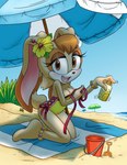 anthro beach blush breasts cleavage clothed clothing female female_anthro neck-tie_clothing neck-tie_swimsuit neck-tie_swimwear one-piece_swimsuit seaside sideless_clothing sideless_swimsuit solo sunscreen swimwear tail towel umbrella untied_swimsuit yellow_clothing yellow_swimwear jens_drawings_(artist) sega sonic_the_hedgehog_(series) vanilla_the_rabbit lagomorph leporid mammal rabbit 2023 hi_res