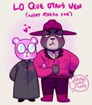 anthro biped blush bottomwear clothing cute_fangs duo eyewear fangs glasses hat headgear headwear heart_symbol pants purple_body shirt teeth text topwear dongoverlord unicorn_wars padre_(unicorn_wars) sargento_caricias bear mammal 2023 english_text hi_res spanish_text