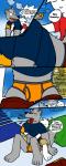 2016 4_toes abs absurd_res ambiguous_gender anthro assisted_exposure blush bodily_fluids bottomwear bottomwear_down briefs bulge butt canid canine canis clothed clothing clothing_aside colored_seam_underwear comic conditional_dnp dialogue digital_media_(artwork) duo electronics english_text feet front_view fur grey_body grey_fur grey_seam_briefs grey_seam_underwear grope hand_in_underwear hi_res hug male mammal max_(notkastar) notkastar open_mouth orange_briefs orange_clothing orange_underwear pants pants_down pantsing pantsless_anthro pantsless_male partially_clothed phone public rainbow raised_tail reach_around red_clothing red_shirt red_t-shirt red_topwear sex shirt sitting sketch smile speech_bubble sweat t-shirt tail text toes tongue toony topwear underwear underwear_aside underwear_sex vertical_bar_eyes wolf zatch_(notkastar)