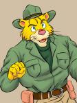 anthro blue_eyes clothing fur hat headgear headwear male muscular muscular_anthro muscular_male pink_nose solo yellow_body yellow_fur harumino montana_jones montana_jones_(character) felid mammal 3:4