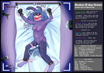 anthro bdsm black_border blindfold bondage border bound exhibitionism female forced forced_orgasm gag orgasm sensory_deprivation sex_toy solo spread_eagle text vibrator kangartroo emerin_(kangartroo) lagomorph mammal english_text hi_res story