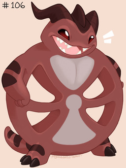 3_toes akimbo ambiguous_gender anthro arm_markings brown_body brown_horn brown_markings claws emanata feet holes_in_body horn leg_markings markings open_mouth open_smile red_eyes round_body sharp_teeth simple_background smile solo standing tail tail_markings tan_background teeth text toe_claws toes psychedelic-lemur disney lilo_and_stitch fan_character spindle_(sketch-lampoon) alien experiment_(lilo_and_stitch) 3:4 artist_name digital_media_(artwork) signature