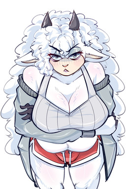 anthro belly belly_overhang big_breasts biped breasts cleavage clothed clothing crossed_arms eye_bags female front_view fur hair high-angle_view horn looking_at_viewer overweight overweight_anthro overweight_female slightly_chubby slightly_chubby_anthro slightly_chubby_female solo sweater thick_thighs topwear white_body white_fur white_hair wide_hips wool_(fur) wool_hair zevulpes idw_publishing sega sonic_the_hedgehog_(comics) sonic_the_hedgehog_(idw) sonic_the_hedgehog_(series) lanolin_the_sheep_(sonic) bovid caprine mammal sheep hi_res