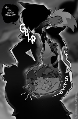 abdominal_bulge anthro duo female female/female internal onomatopoeia organs paws sound_effects stomach swallowing text thought_bubble vore willing_prey voremaxx nintendo pokemon braixen felid generation_6_pokemon generation_9_pokemon mammal meowscarada pokemon_(species) greyscale hi_res monochrome