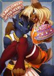 anthro black_body black_fur black_nose cake clothed clothing dessert duo egyptian egyptian_clothing femboy food fur hair long_hair looking_at_viewer male male/male open_mouth shendyt simple_background smile teeth text tongue spirale anubislivess lexus_(lexusbun) anubian_jackal canid canine canis jackal lagomorph leporid mammal rabbit 2015 comic cover digital_media_(artwork) english_text hi_res