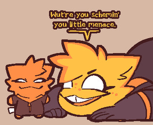 anthro black_clothing blonde_hair buckteeth clothing eyelashes female freckled_face freckles fur hair multicolored_body multicolored_ears multicolored_fur multicolored_hair open_mouth open_smile orange_body orange_clothing orange_ears orange_fur orange_hair plushie smile smug solo teeth text two_tone_body two_tone_ears two_tone_fur two_tone_hair white_eyes yellow_body yellow_ears yellow_fur conditional_dnp welwraith scraper_city mania_(welwraith) domestic_cat felid feline felis mammal 2023 aliasing digital_drawing_(artwork) digital_media_(artwork) english_text low_res