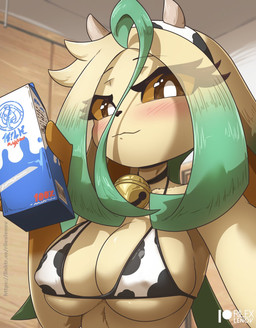 animal_print animal_print_bikini anthro big_breasts bikini blush bovid_horn bovine_horn breasts clothed clothed_anthro clothed_female clothing cow_horn cow_outfit cow_print cow_print_bikini cowbell female female_anthro green_highlights green_nipples hair highlights_(coloring) holding_milk horn kemono long_hair looking_at_viewer low-angle_view nipple_outline nipples pattern_bikini pattern_clothing pattern_swimwear pokemorph solo swimwear text three-quarter_view two-piece_swimsuit rilex_lenov nintendo pokemon laurel_(rilex_lenov) eeveelution generation_4_pokemon leafeon pokemon_(species) artist_name digital_drawing_(artwork) digital_media_(artwork) english_text half-length_portrait hi_res portrait shaded simple_shading