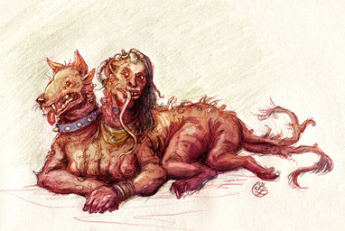 2_heads ambiguous_gender body_horror collar feral multi_head multi_limb multi_tail paws sharp_teeth simple_background snout solo tail teeth tongue leona-florianova fallout microsoft centaur_(fallout) taur english_description signature traditional_media_(artwork)