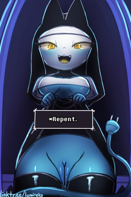 5_fingers anthro biped black_clothing black_legwear black_thigh_highs blue_body blue_fur blue_tail breasts clothed clothed_anthro clothed_female clothing clothing_lift cord_tail eyelashes fangs female female_anthro fingers fur genitals glistening glistening_breasts glistening_eyes glistening_genitalia glistening_vulva legwear looking_at_viewer machine medium_breasts nun nun_habit nun_outfit open_mouth open_smile presenting presenting_vulva religious_clothing smile solo standing tail teeth text text_box thigh_highs tongue under_boob vulva white_clothing white_face yellow_eyes yellow_tongue lumineko deltarune undertale_(series) tasque_manager tasque_manager_(nun) darkner felid feline mammal robot robot_anthro tasque 2026 2:3 digital_drawing_(artwork) digital_media_(artwork) english_text url