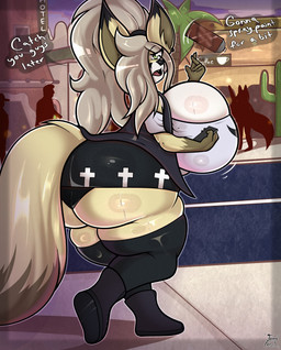 anthro big_breasts big_butt blonde_hair bodily_fluids boots bottomwear breasts butt cactus clothed clothing coffee_shop dipstick_ears dipstick_tail ear_markings electronics female footwear fur gloves_(marking) green_eyes hair holding_object holding_phone huge_breasts huge_butt hyper looking_at_viewer looking_back markings miniskirt motion_lines multicolored_body multicolored_ears paint phone plant ponytail public shoes silhouette skimpy skirt solo spray_can spray_paint sweat tail tail_markings tan_body tan_fur thick_thighs two_tone_body walking fennyfen_1 fay_(fennyfen_1) canid canine fennec_fox fox mammal true_fox hi_res