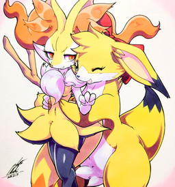3_fingers ambiguous_gender anthro arm_tuft big_tail biped black_body black_fur black_nose breasts cheek_tuft chest_tuft dipstick_tail duo eyelashes facial_tuft female fingers fluffy fluffy_tail fur inner_ear_fluff markings multicolored_body multicolored_fur navel one_eye_closed open_mouth orange_body orange_eyes orange_fur orange_nose pointy_ears prick_ears shoulder_tuft small_breasts stick tail tail_markings tuft white_body white_fur yellow_body yellow_fur 025aki bomberman konami nintendo pokemon gyarooi braixen canid canine generation_6_pokemon louie_(bomberman) mammal pokemon_(species) 2026 absurd_res dated hi_res signature traditional_media_(artwork)