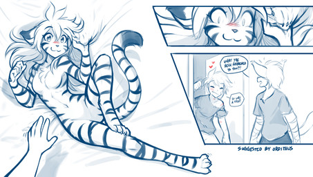 4_toes 5_fingers ahoge alarmed anthro arm_tuft arm_wraps arms_bent bedding bedding_background bent_leg biped bird's-eye_view blue_line_art blush blush_lines bottomwear breasts butt cat_smile chest_tuft claws clothed clothed_anthro clothed_male clothing countershading crotch_lines curvy_figure damaged_clothing dialogue digitigrade door doorway duo ear_tuft elbow_tuft emanata exclamation_point extended_arm extended_claws extended_leg eyes_closed facial_tattoo featureless_breasts featureless_crotch feet female finger_claws fingers fully_clothed fully_clothed_anthro fully_clothed_male fur glistening glistening_eyes group hair heart_symbol high-angle_view hourglass_figure humor imminent_attack interspecies kiss_mark leg_tuft long_hair long_tail looking_at_viewer male male_anthro motion_outline navel nude nude_anthro nude_female open_door open_mouth pants pointy_ears prick_ears pupils question question_mark red_blush red_heart scratch_mark scratches shirt short_hair simple_background slit_pupils small_breasts smile snout speech_bubble spread_toes standing striped_body striped_fur stripes surprised tail tattoo teeth text thin_tail toe_claws toes topwear trio tuft username ventral_groove wavy_tail wraps wrist_wraps conditional_dnp tom_fischbach twokinds flora_(twokinds) keith_keiser trace_legacy basitin felid human keidran mammal pantherine tiger 2025 colored_line_art comic digital_drawing_(artwork) digital_media_(artwork) english_text hi_res shaded sketch