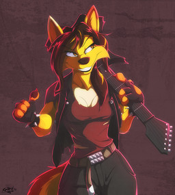 anthro belt bracelet breasts cleavage clothed clothing electric_guitar female fingerless_gloves fur gloves guitar hair handwear jewelry musical_instrument plucked_string_instrument simple_background smile solo spiked_bracelet spikes string_instrument retehi canid canine fox mammal