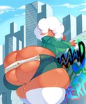 anthro big_butt bovid breasts bulumble-bee butt butt_cleavage butt_pose butt_squish caprine clothed clothing female gesture graffiti hair hair_over_eye hand_gesture hi_res hoodie huge_butt hyper hyper_butt legwear looking_at_viewer low-angle_view mammal one_eye_obstructed outside ownin_shorts pose sheep skindentation smile solo squish standing thick_thighs thigh_highs thigh_squish thorn_(ownintime) topwear v_sign white_hair wide_hips yellow_eyes