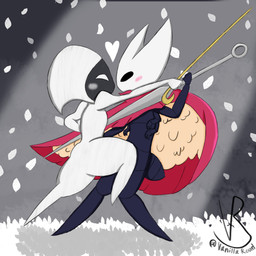 anthro anthro_on_anthro blush cloak cloak_only clothing dancing duo exoskeleton feathers female female/female glare hornet's_needle melee_weapon petals rose_petals simple_background spotlight sword swordfight swordfighting tango_(dance) weapon vanilla_road hollow_knight:_silksong hollow_knight_(franchise) team_cherry hornet_(hollow_knight) lace_(hollow_knight:_silksong) arachnid arthropod insect spider worm 1:1 hi_res