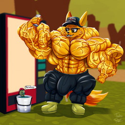 anthro beverage big_bulge big_muscles bulge clothed clothing detailed_bulge dialogue duo extreme_size_difference feral holding_beverage holding_object huge_bulge huge_muscles hyper hyper_muscles male muscular muscular_male size_difference solo_focus striated_muscles text topless vein veiny_muscles taiko-sihori webfishing aquatic canid canine fish fox mammal 1:1 english_text hi_res