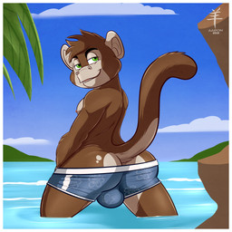 anthro big_butt border bottomwear bulge butt butt_cleavage clothing looking_back male shorts shota solo tight_bottomwear tight_clothing tight_shorts water white_border young aaron_(artist) monkey_boy_(aaron) haplorhine mammal monkey primate 1:1 hi_res