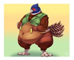 4_toes 5_fingers anisodactyl anthro avian_feet beak belly big_belly biped black_eyebrows blue_body blue_feathers border bottomless brown_body brown_feathers claws clothed clothing deep_navel digitigrade eyebrows feather_hands feathered_wings feathers featureless_crotch feet fingers front_view gradient_background green_background green_clothing green_topwear green_vest grey_claws huge_hips huge_thighs looking_at_self male measuring measuring_belly moobs multicolored_body multicolored_feathers narrowed_eyes navel open_beak open_clothing open_mouth open_topwear open_vest overweight pink_tongue red_body red_feathers scutes simple_background solo standing tail tail_feathers tan_beak tan_body tan_feathers tape_measure thick_thighs toe_claws toes tongue topwear vest weight_gain white_body white_border white_feathers wide_hips wings yellow_background yellow_eyes biglovealicia faisan_(foxcall) avian bird common_pheasant galliform phasianid phasianus 2018 digital_media_(artwork) hi_res shaded signature story story_in_description watermark