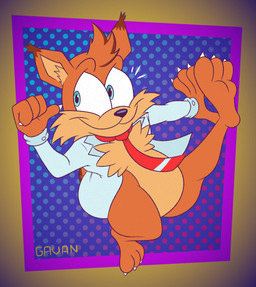 3_toes abstract_background anthro barefoot black_nose blue_eyes bottomless cheek_tuft chest_tuft claws clothed clothing ear_tuft facial_tuft feet finger_claws fur gesture hand_gesture jumping male multicolored_body necktie one_leg_up open_clothing open_shirt open_topwear orange_body orange_fur paws pointing pointing_at_self raised_leg shirt soles solo toe_claws toes toony topwear tuft two_tone_body gavanzude bubsy_(series) bubsy_bobcat bobcat felid feline lynx mammal alternate_version_at_paywall digital_drawing_(artwork) digital_media_(artwork) hi_res signature