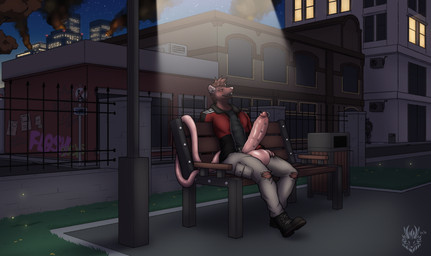 anthro background_sex balls bench big_balls big_penis black_boots black_clothing black_footwear black_shirt black_t-shirt black_topwear blue_sky boots brown_body brown_fur brown_hair building building_fire city claws clothed clothed_anthro clothing detailed_background ear_piercing erection fire footwear fur genital_piercing genitals grass hair huge_balls huge_penis humanoid_genitalia humanoid_penis jacket logo long_tail looking_at_viewer male open_mouth outside penis penis_piercing piercing pink_nose plant public public_exposure red_eyes shirt shoes short_hair sitting sky skyscraper smile smoke star starry_sky street street_lamp t-shirt tail teeth tongue topwear trash_can vein veiny_penis wall_(structure) window wolfarion skif arthropod beetle elateroid firefly insect mammal murid murine rat rodent 2026 artist_logo colored dated hi_res shaded