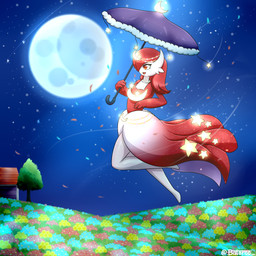 3_fingers detailed_background featureless_feet feet female fingers floating glowing hair hair_over_eye light meadow medium_hair moon moonlight night not_furry one_eye_obstructed open_mouth red_eyes red_hair sky solo star starry_sky umbrella wind baterco nintendo pokemon generation_3_pokemon generation_6_pokemon humanoid mega_evolution mega_gardevoir pokemon_(species) 1:1 2022 hi_res signature