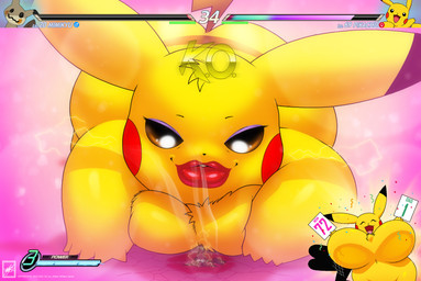 assertive_female battle big_breasts breasts busty_feral clothed clothing dominant dominant_female dual_holding erection erection_under_clothing female feral game_avatar gameplay_mechanics group gui health_bar holding_object holding_rating_card k.o. kiss_mark level_difference level_number macro male male/female number rating_card semi-anthro text trio unconscious walter_sache nintendo pokemon generation_1_pokemon generation_7_pokemon mimikyu pikachu pokemon_(species) absurd_res english_text hi_res
