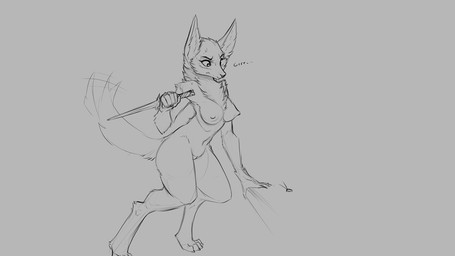 angry anthro biped bodily_fluids breasts chest_tuft dagger digitigrade female genitals grey_background melee_weapon navel nipples nude simple_background snout solo standing sweat sweatdrop tail tail_motion tailwag tuft vulva weapon watsup canid canine canis mammal wolf 16:9 2018 digital_drawing_(artwork) digital_media_(artwork) monochrome widescreen