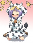 animal_costume animal_print bell blush clothed clothing costume cow_costume cow_print eyes_closed fake_tail female fursuit gradient_background hair horn kneeling not_furry_wearing_fursuit purple_hair short_hair simple_background solo tail unknown_artist lucky_star tsukasa_hiiragi human mammal grandfathered_content